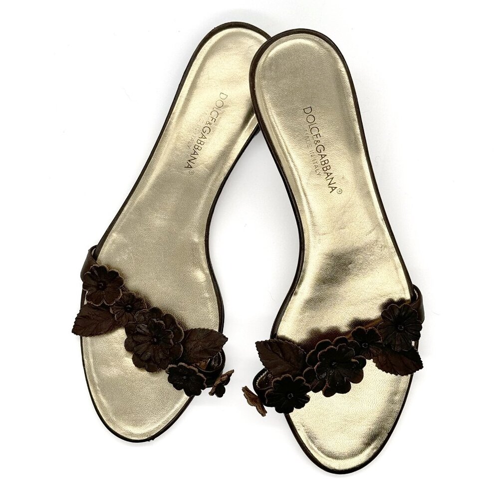 DOLCE & GABBANA Leather Slide Sandals with Flower & Leaf Applique | Size 39/ 9